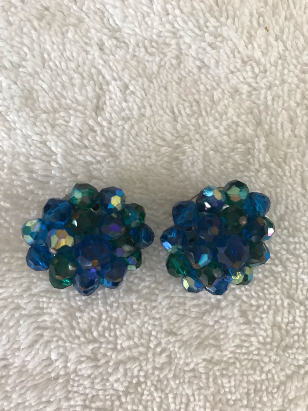 Blue-Green Crystal Cluster Clip-On Earrings